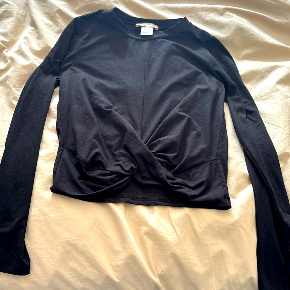Black dressy shirt with 4% spandex - twist on bottom